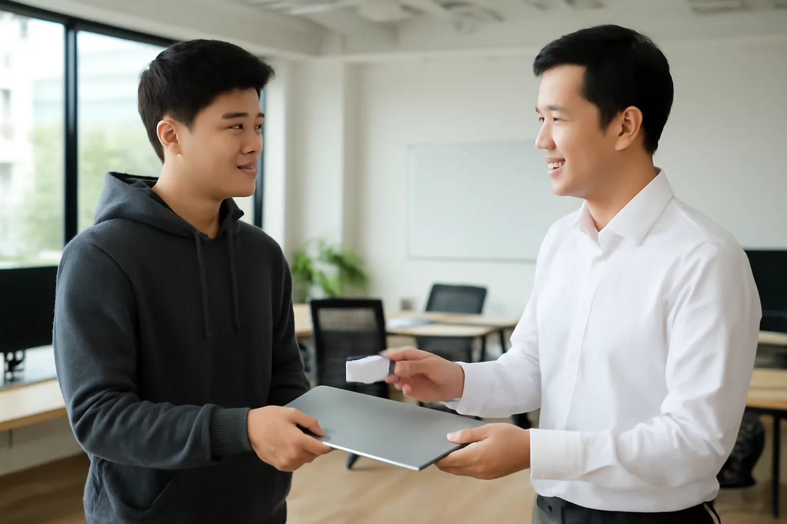 Nhà sáng lập trẻ bàn giao công việc cho giám đốc điều hành mới trong văn phòng mở