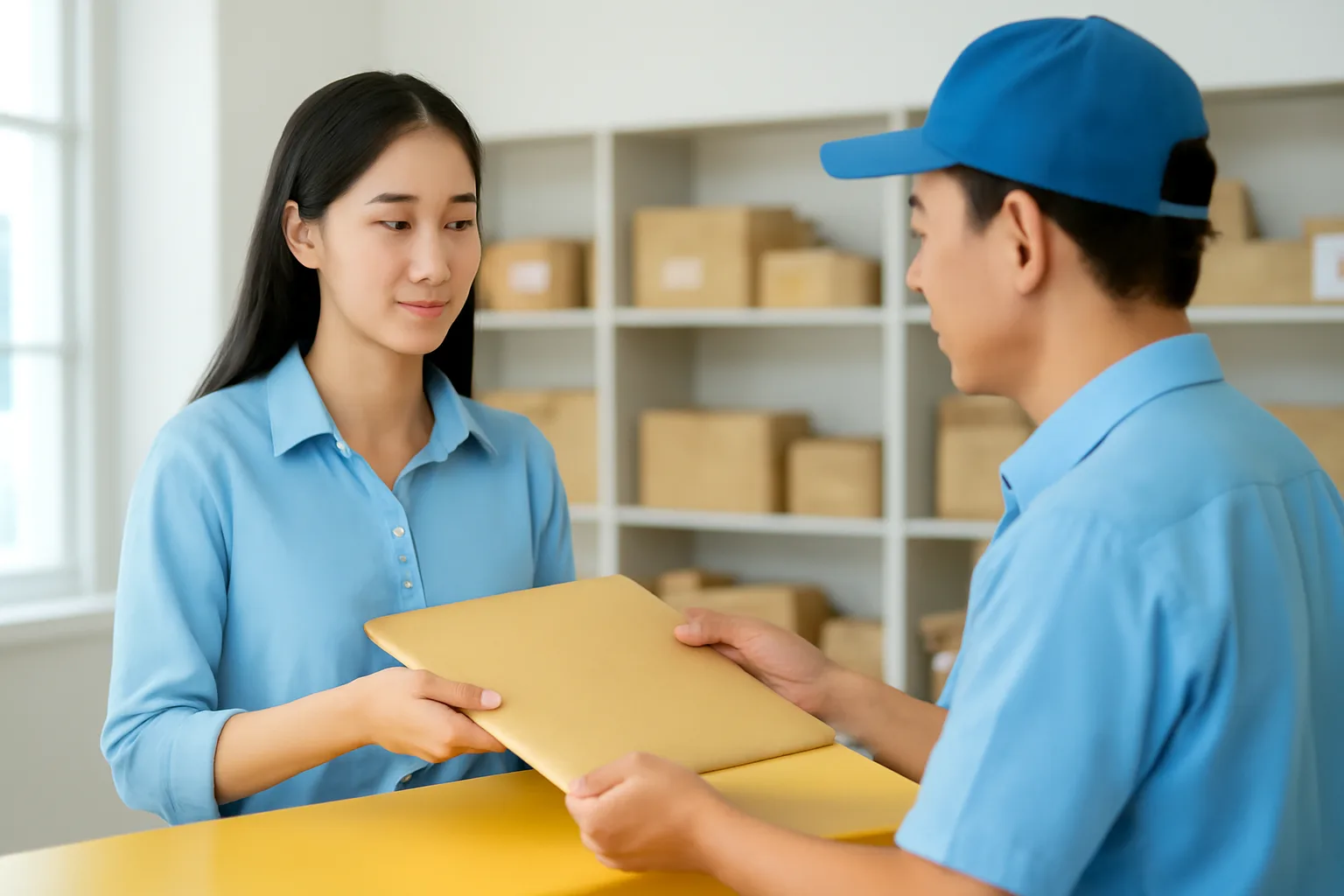 Người phụ nữ trẻ gửi phong bì bảo đảm tại quầy bưu cục sáng sủa