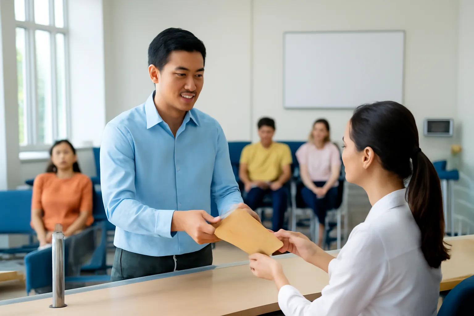 Nhân viên công ty nộp phong bì hồ sơ tại quầy tiếp nhận một cửa sáng sủa