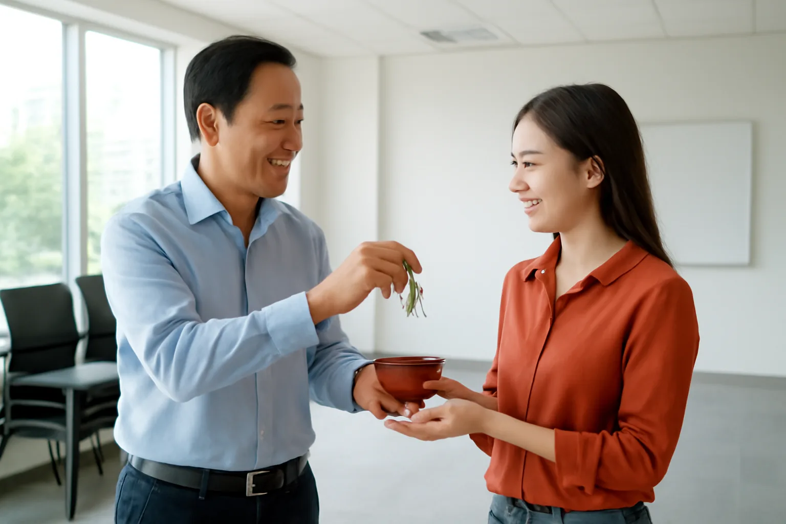 Hai người bàn giao chìa khoá văn phòng trống trong một toà nhà sáng sủa
