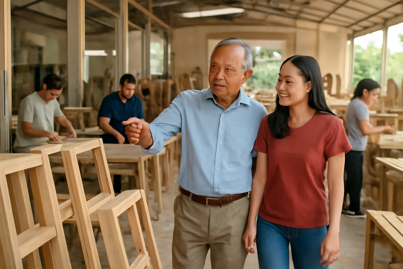 Người cha lớn tuổi và con gái trẻ cùng đi dọc xưởng sản xuất của gia đình