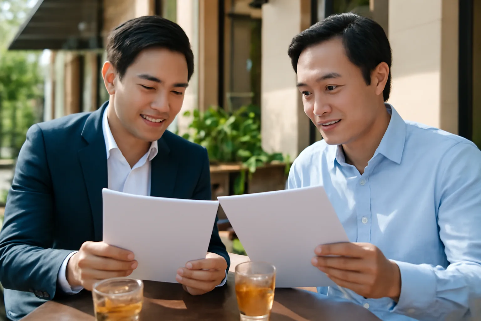 Hai đối tác góp vốn so hai tập văn bản đặt cạnh nhau trên bàn cà phê