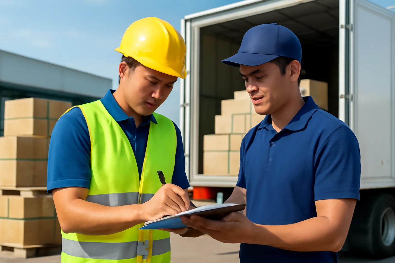 Nhân viên kho ký nhận hàng bên cạnh xe tải trong kho sáng sủa