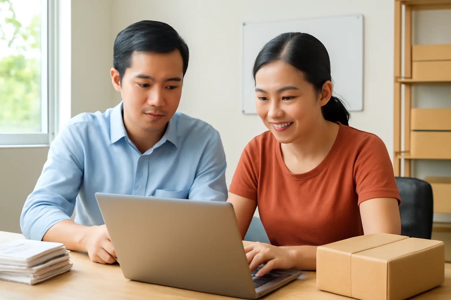 Chủ doanh nghiệp và nhân viên đại lý thuế cùng xem hồ sơ trên máy tính xách tay