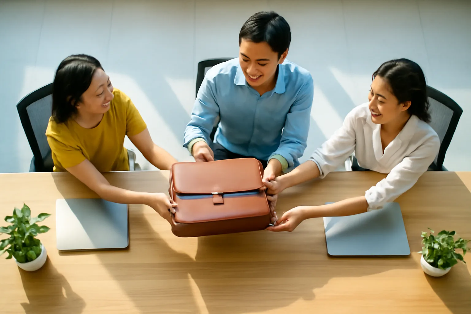 Ba đồng nghiệp chuyền tay nhau chiếc cặp hồ sơ bằng da trong không gian làm việc chung