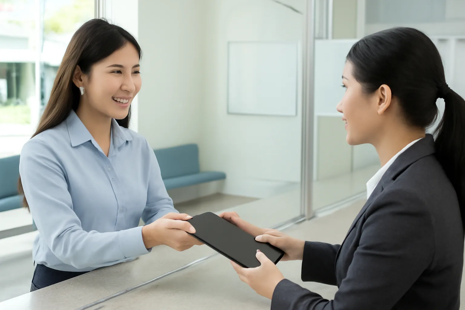 Kế toán doanh nghiệp trao hồ sơ uỷ quyền cho nhân viên giao dịch tại quầy ngân hàng