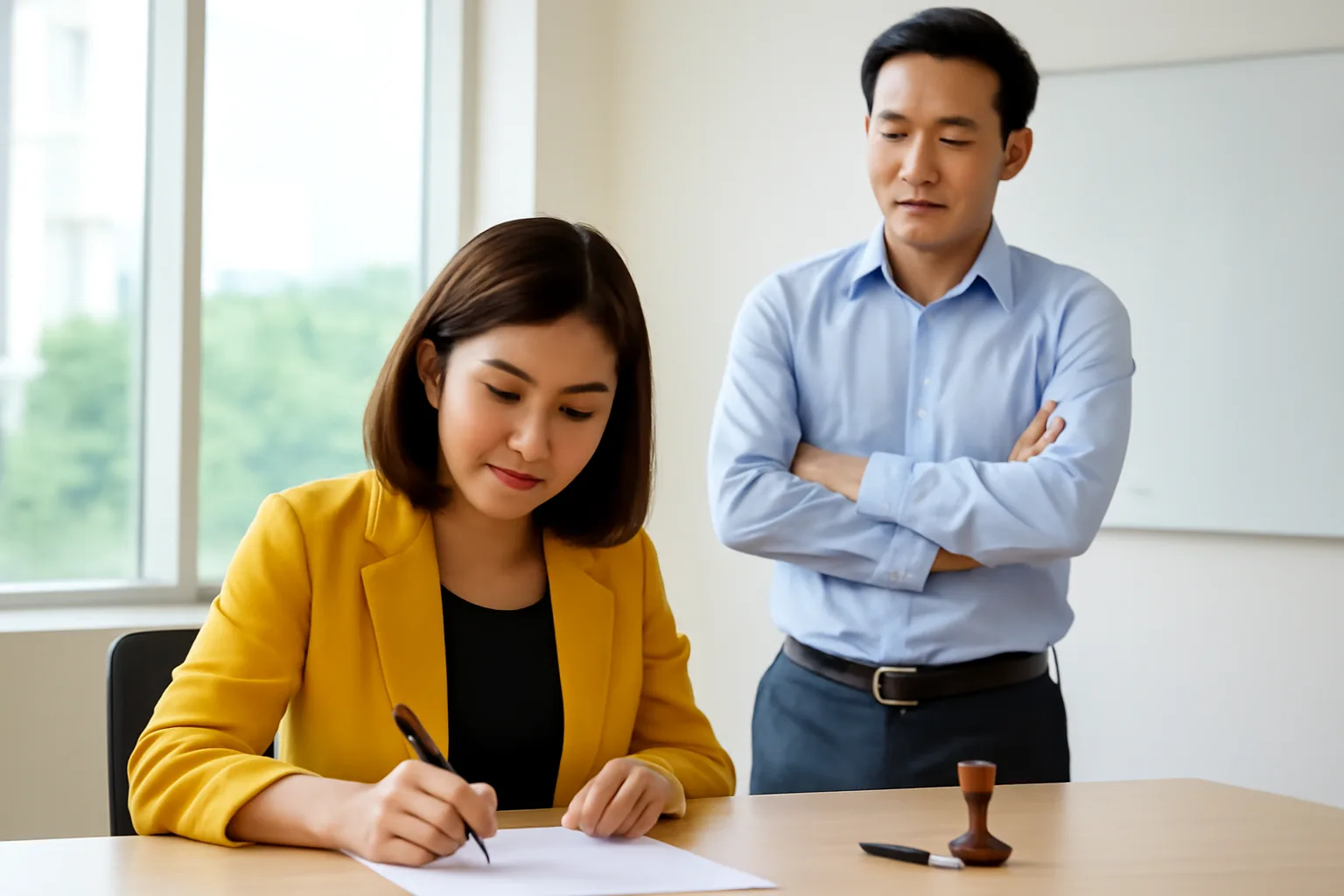 Giám đốc ký giấy uỷ quyền trao cho trưởng phòng tại bàn làm việc