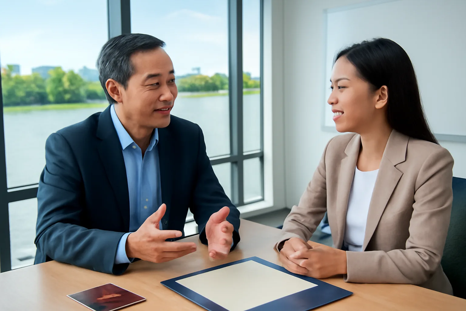 Doanh nhân Việt kiều trò chuyện với cộng sự trong văn phòng nhìn ra sông