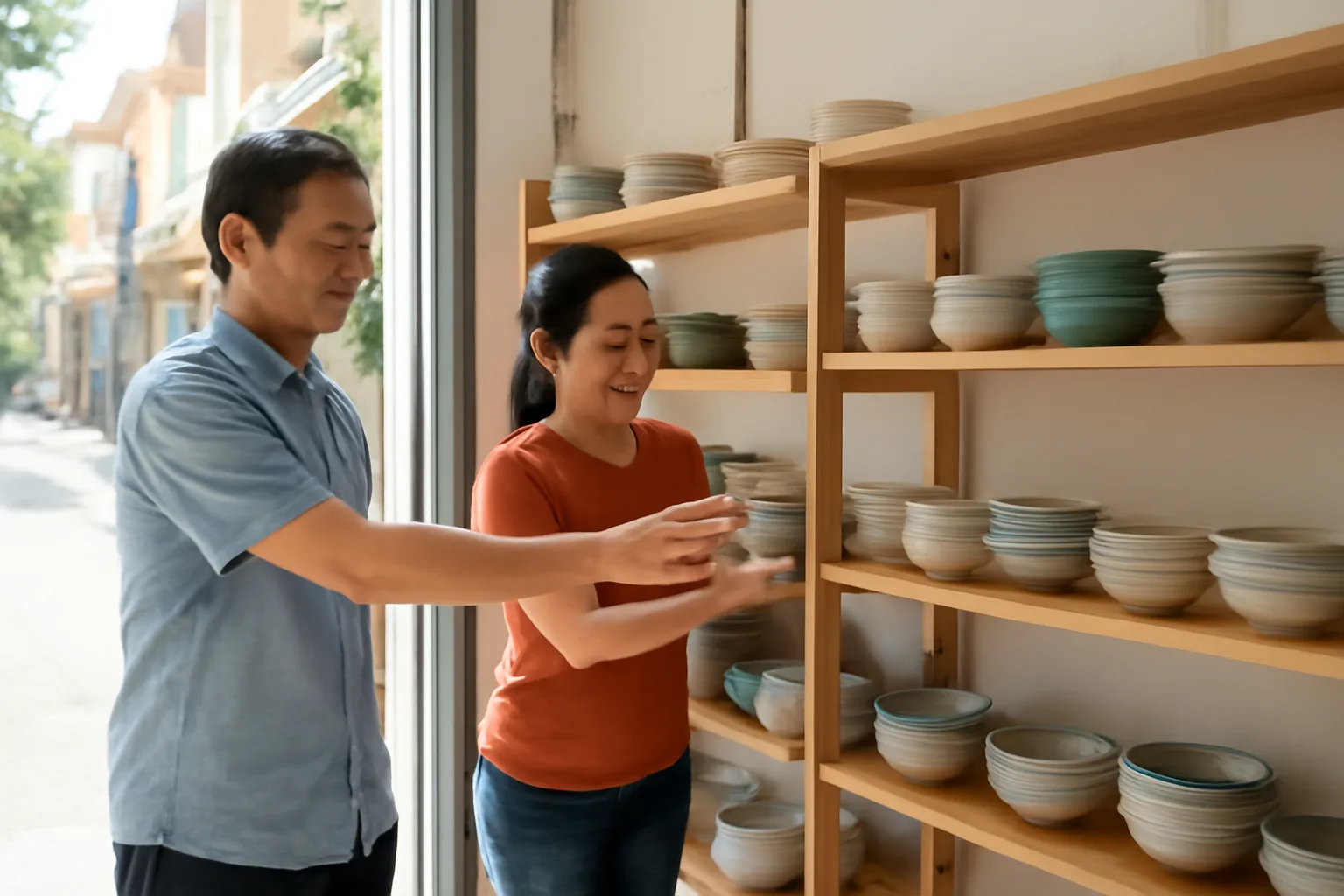Hai vợ chồng trung niên cùng xếp hàng hoá trong cửa hàng nhỏ của gia đình